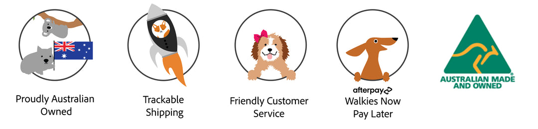 A row of five feature icons on a white background: a cat with an Australian flag and the text 'Proudly Australian Owned', a rocket with 'Trackable Shipping', a dog with a bow and 'Friendly Customer Service', a dachshund with 'afterpay3 Pay Later' text, and a green kangaroo logo with 'AUSTRALIAN MADE AND OWNED' text.