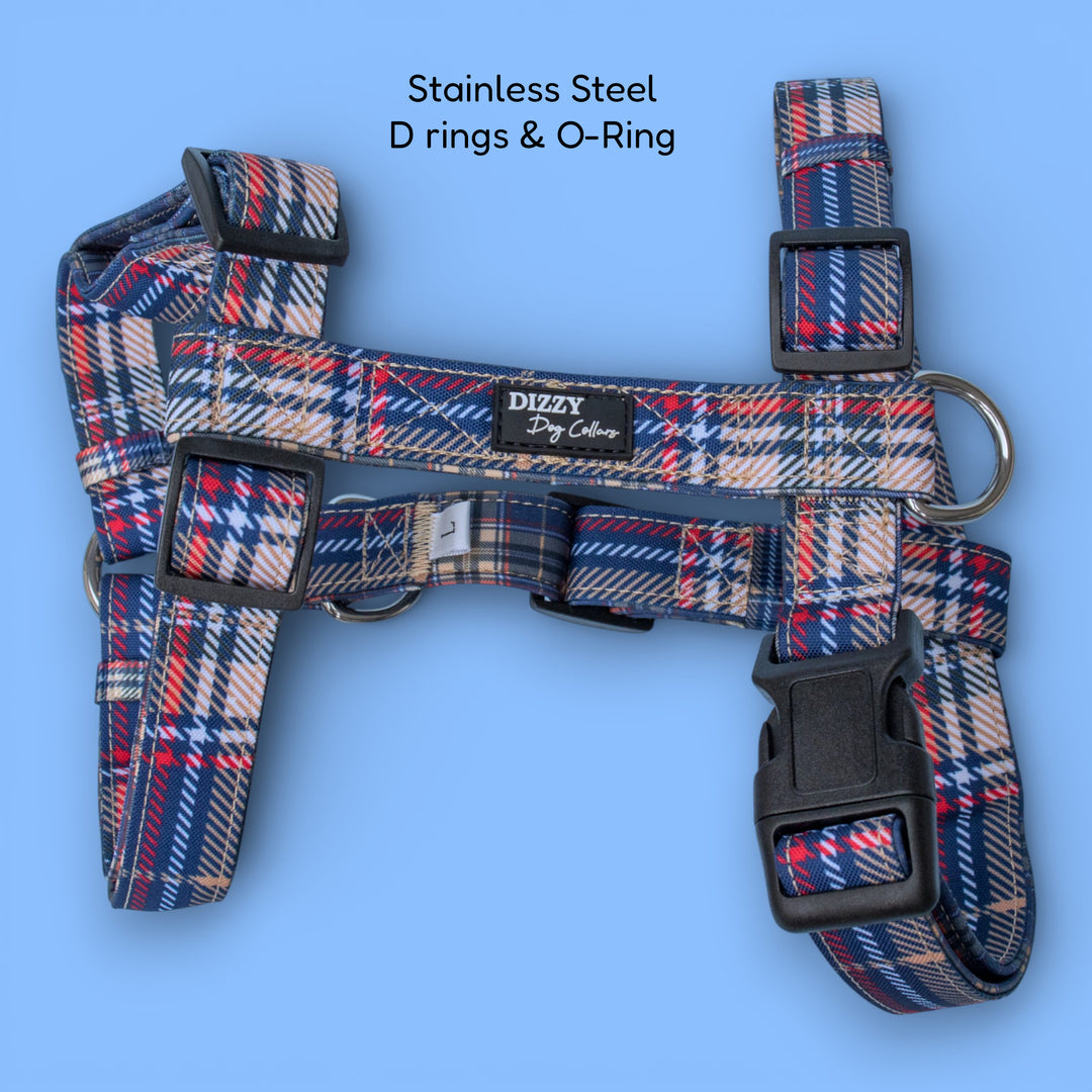 Plaid dog harness with stainless steel D rings and O-ring on a blue background