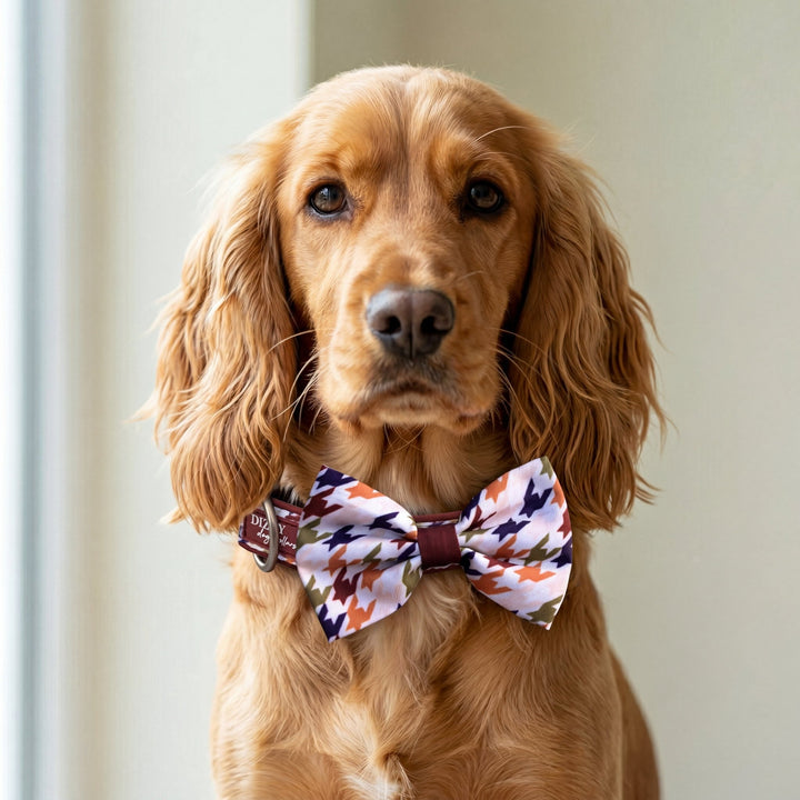Dog wearing a colorful bow tie with a neutral background