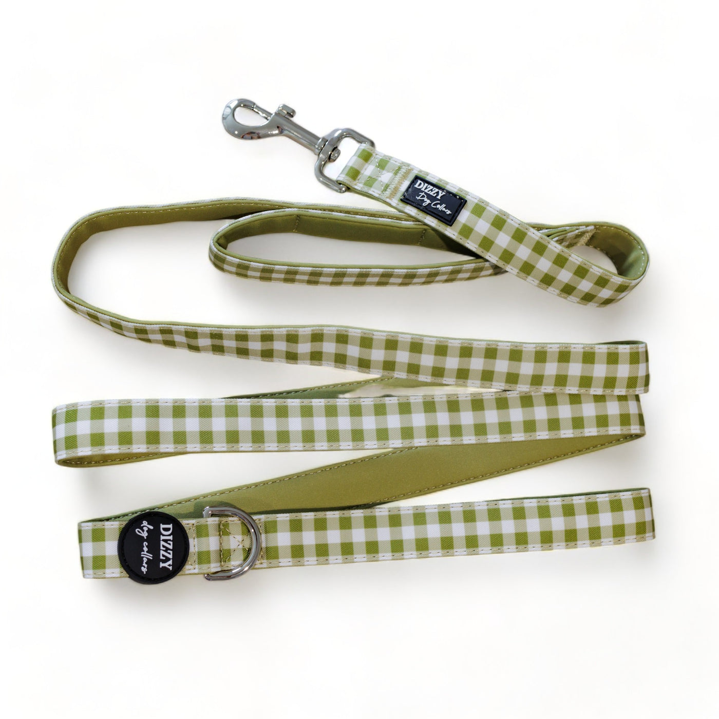 Olive Gingham LONG LEAD | Canvas & Neoprene | Premium Quality Fully Padded Leash-Leash-Dizzy Dog Collars