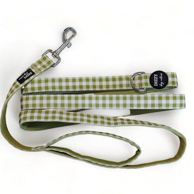 Olive Gingham LONG LEAD | Canvas & Neoprene | Premium Quality Fully Padded Leash-Leash-Dizzy Dog Collars