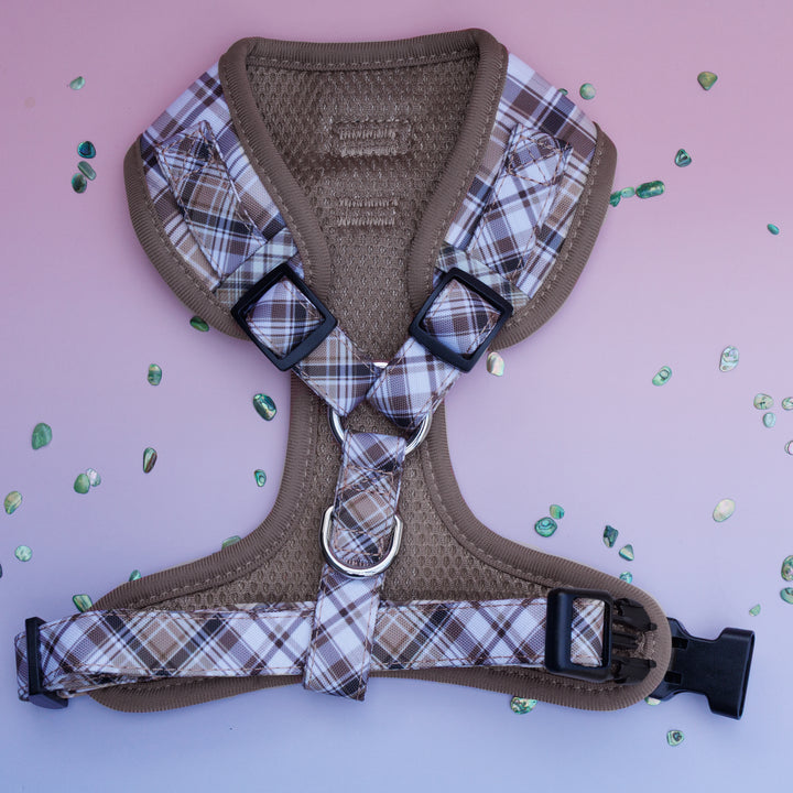 DOG HARNESS | Maplewood: Caramel & Brown Plaid | Neck Adjustable Dog Harness