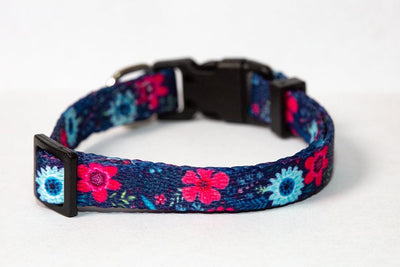 Navy Floral Cat Collar / Toy Breed Dog Collar / Puppy Collar-cat collar-Dizzy Dog Collars