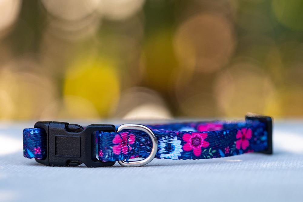 Navy Floral Cat Collar / Toy Breed Dog Collar / Puppy Collar-cat collar-Dizzy Dog Collars