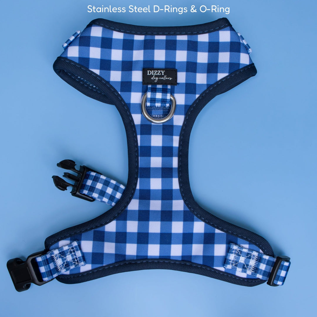 Navy Gingham Dog Harness | Neck Adjustable & Stainless Steel