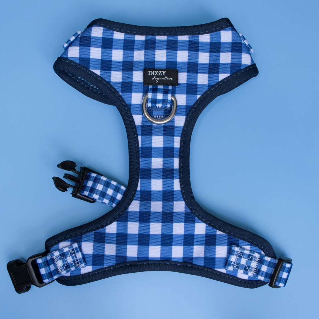 Navy Gingham Dog Harness | Neck Adjustable & Stainless Steel
