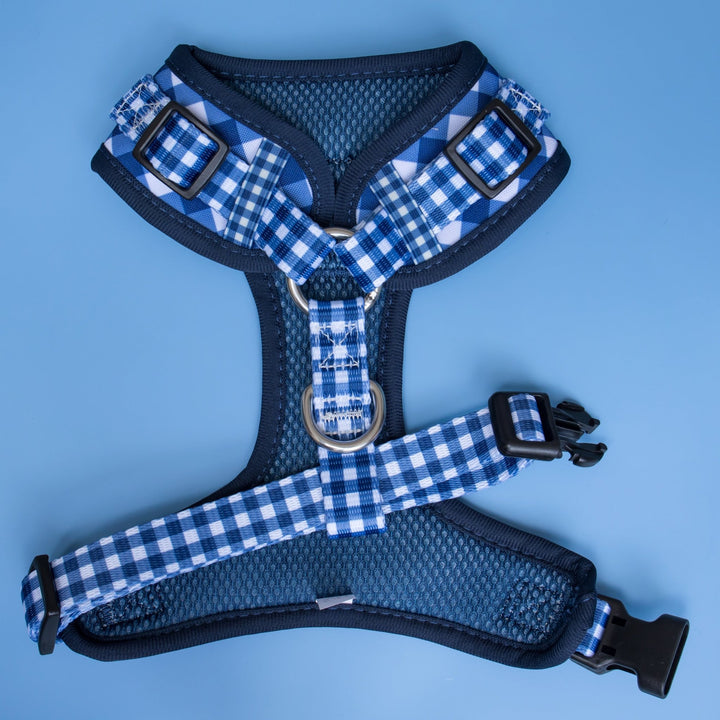 Navy Gingham Dog Harness | Neck Adjustable & Stainless Steel