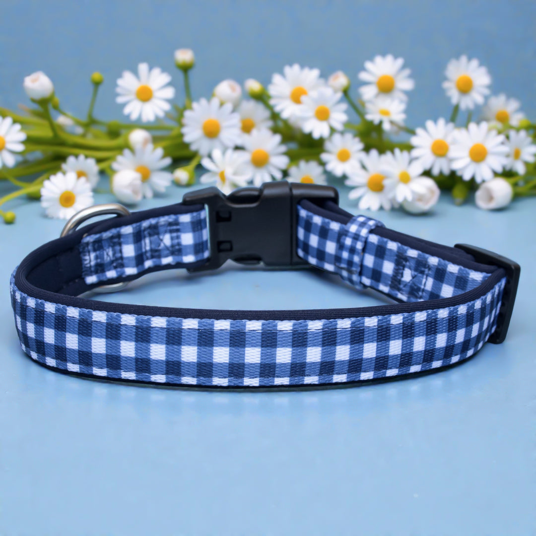 Navy Gingham Dog Collar | Neoprene Dog Collar | Stainless Steel