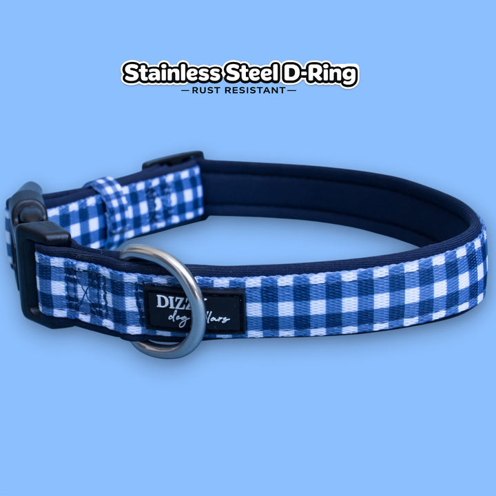 Navy Gingham Dog Collar | Neoprene Dog Collar | Stainless Steel