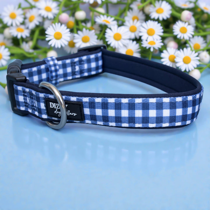 Navy Gingham Dog Collar | Neoprene Dog Collar | Stainless Steel