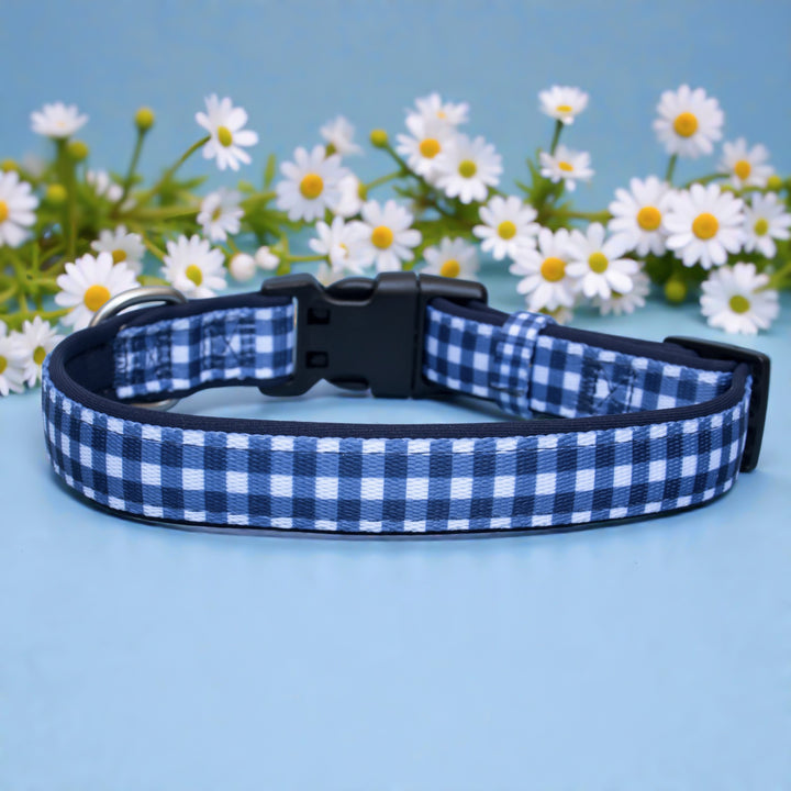 Navy Gingham Dog Collar | Neoprene Dog Collar | Stainless Steel