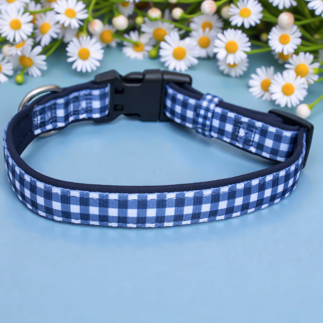 Navy Gingham Dog Collar | Neoprene Dog Collar | Stainless Steel