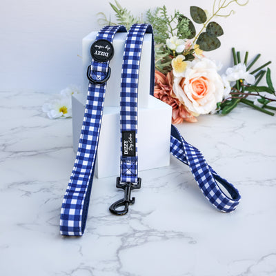Navy Gingham Dog Leash | Canvas & Neoprene | High Quality Fully Padded Leash-Leash-Dizzy Dog Collars