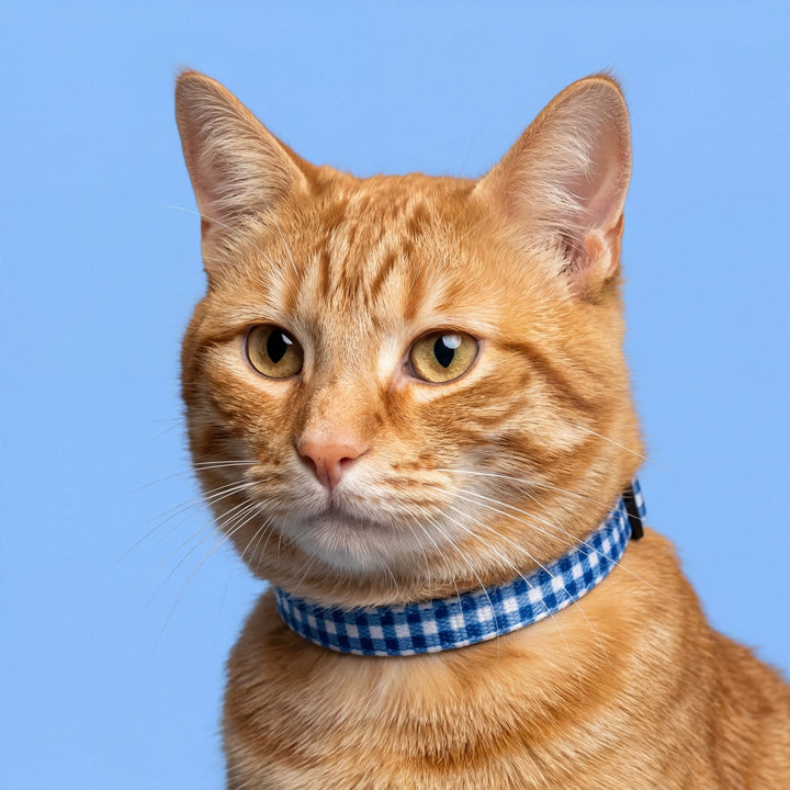 Orange cat wearing a blue checkered collar against a blue background