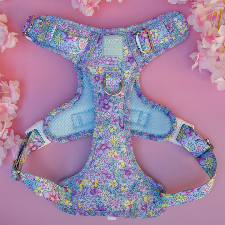 Floral patterned dog harness on a pink background with flowers.