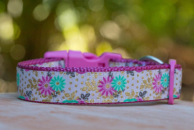 Pink & Gold Floral Dog Collar XS-XL-Dog Collar-Dizzy Dog Collars-Medium 3/4" (2cm) Wide-Dizzy Dog Collars