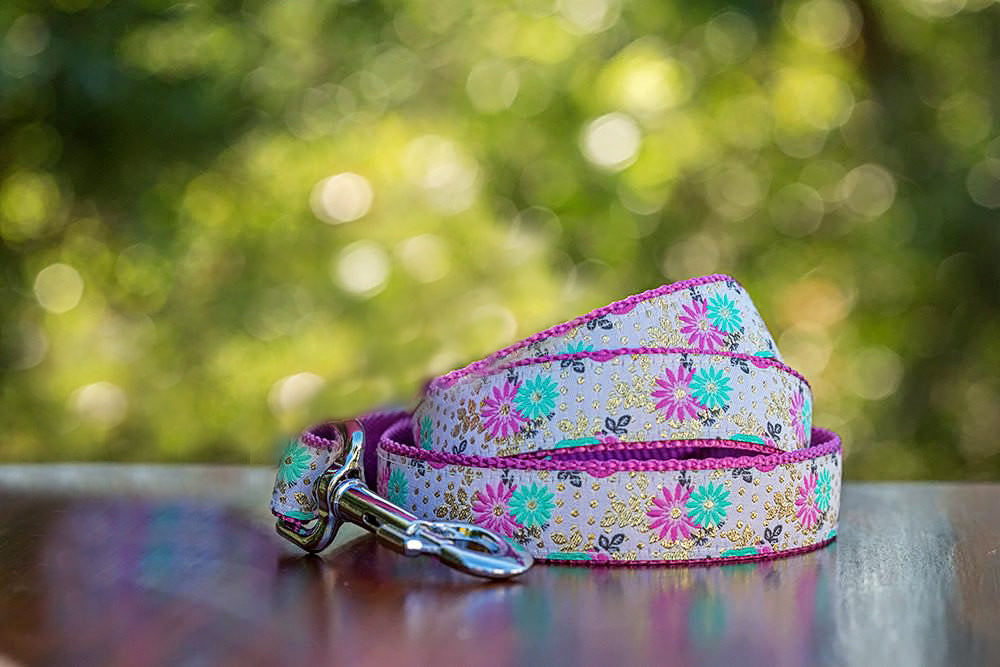 Pink & Gold Floral Dog Lead (Handmade to order)-Dizzy Dog Collars