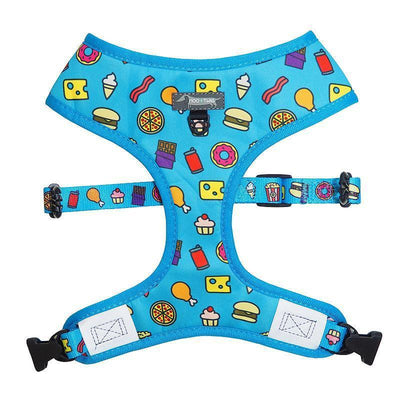 Blue dog harness with junk food and french fries designed in Australia
