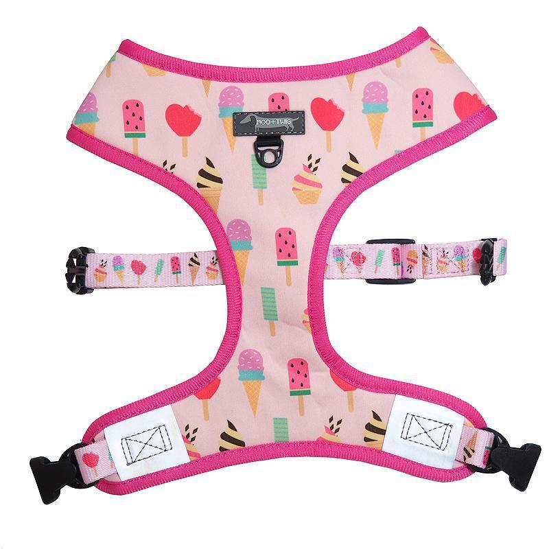 Pink dog harness with ice cream and donut sprinkles designed in Australia.