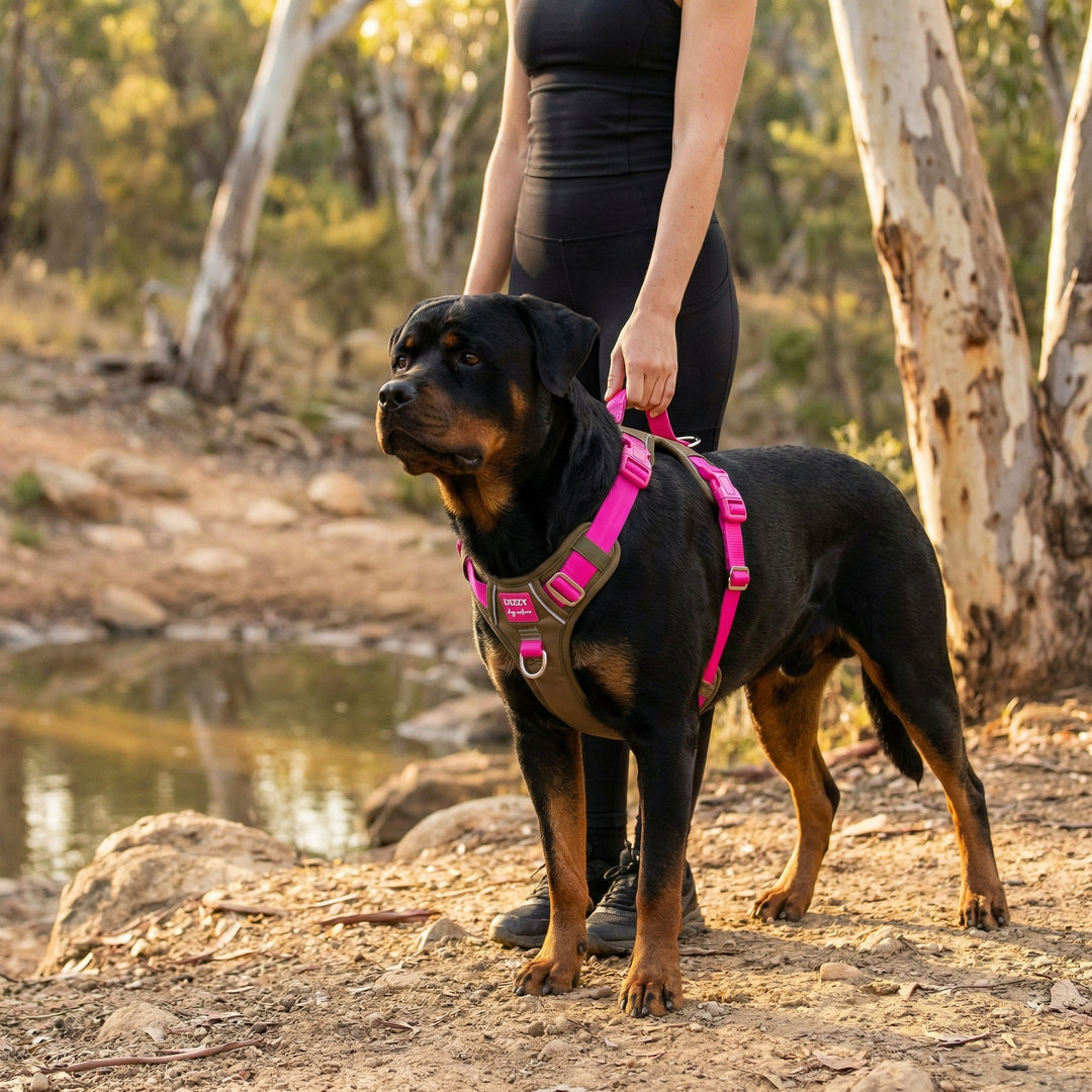 Dog wearing a pink harness standing on a natural landscape with trees and water.