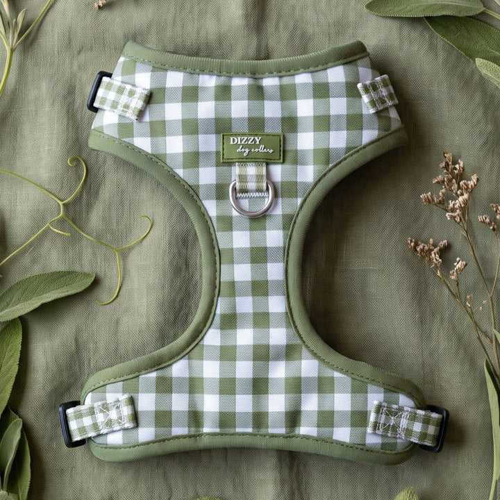 A green and white gingham check harness with olive green trim, laid flat on a sage green fabric background and surrounded by fresh sage leaves and dried flowers. The brand name 'BEEZY Dog Designs' is visible on the front label.