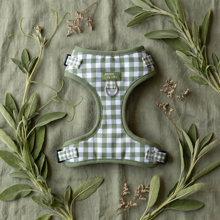 DOG HARNESS | Sage Gingham | Neck Adjustable Dog Harness, Stainless Steel