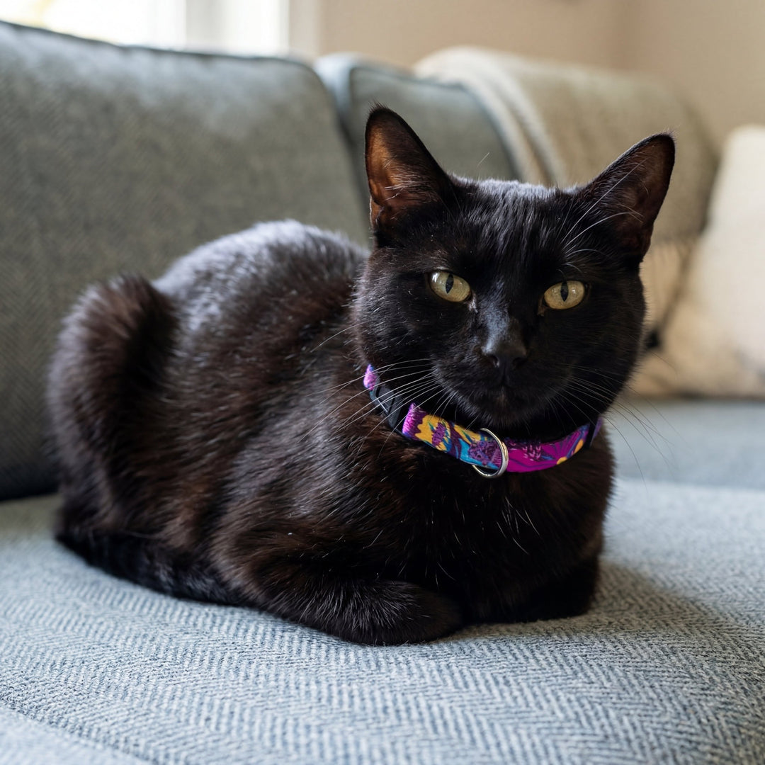 Black cat wearing a colorful collar sitting on a couch.