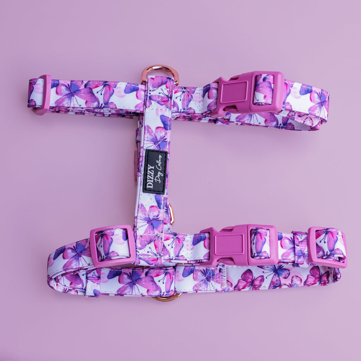 Step in H-Harness with front & back attachment | Pink Butterflies | Fully Padded Canvas & Neoprene Harness-H-Harness-Dizzy Dog Collars