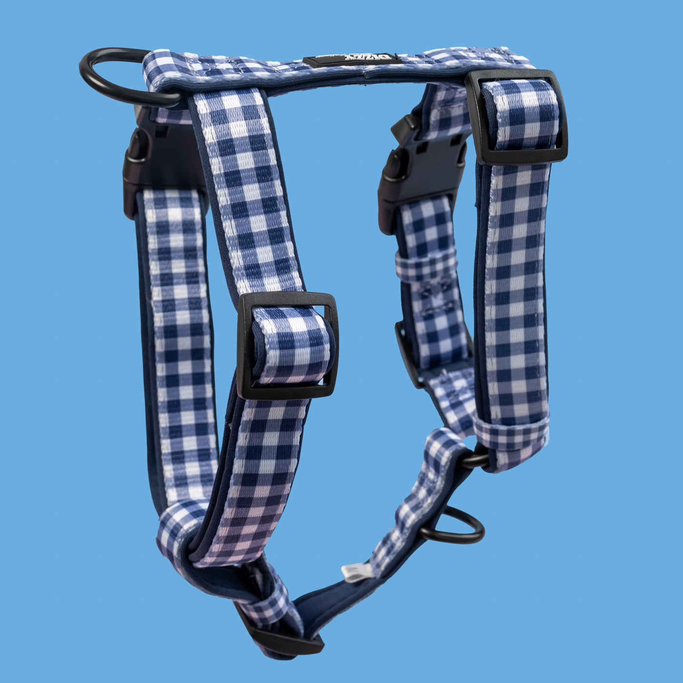 Step in H-Harness with front & back attachment | Navy Gingham | Fully Padded Neoprene Harness-Harness-Dizzy Dog Collars