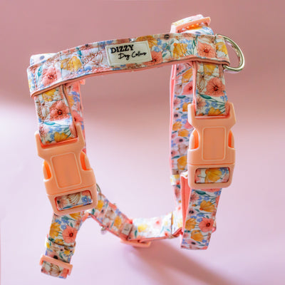 Step in H-Harness with front & back attachment | Peachy Posies | Fully Padded Canvas & Neoprene Harness-H-Harness-Dizzy Dog Collars