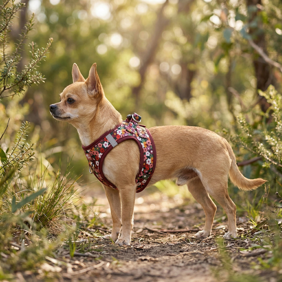 Small dog wearing a colorful harness standing on a forest path
