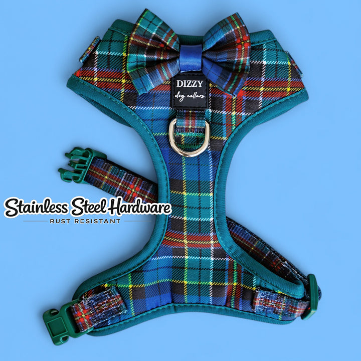 DOG HARNESS | The Hamish: Scottish Tartan | Adjustable Dog Harness with REMOVABLE Bow Tie