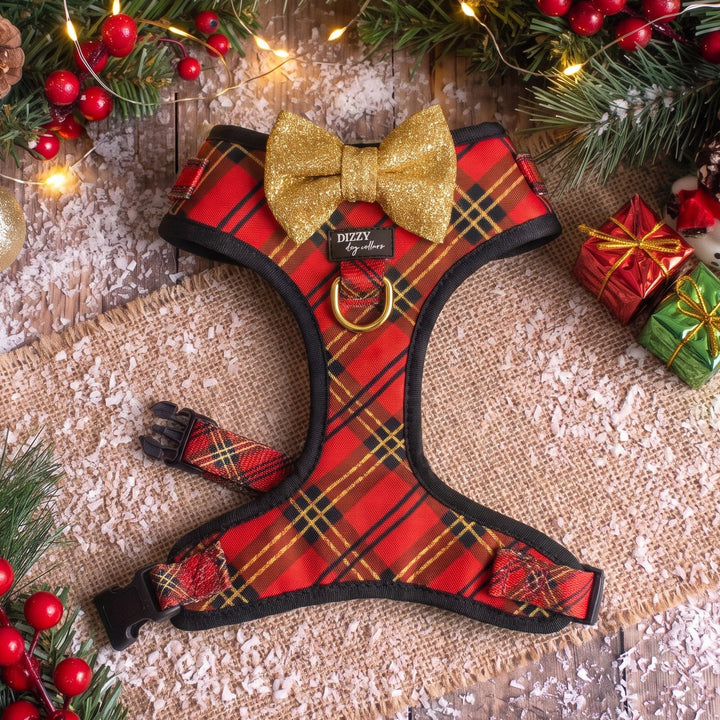 DOG HARNESS | Red and Gold Plaid | Adjustable Harness with Removable Bow Tie