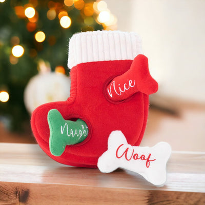 Zippy Paws Interactive Dog Toy - Holiday Burrow - Naughty or Nice Stocking-Toy-Dizzy Dog Collars